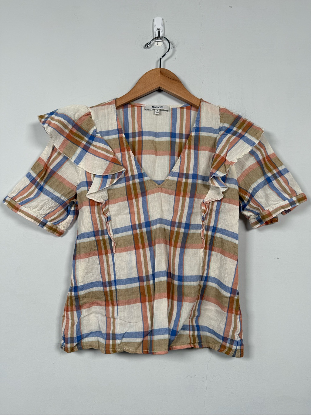 Madewell V-Neck Shoulder-Ruffle Top In Plaid Size M